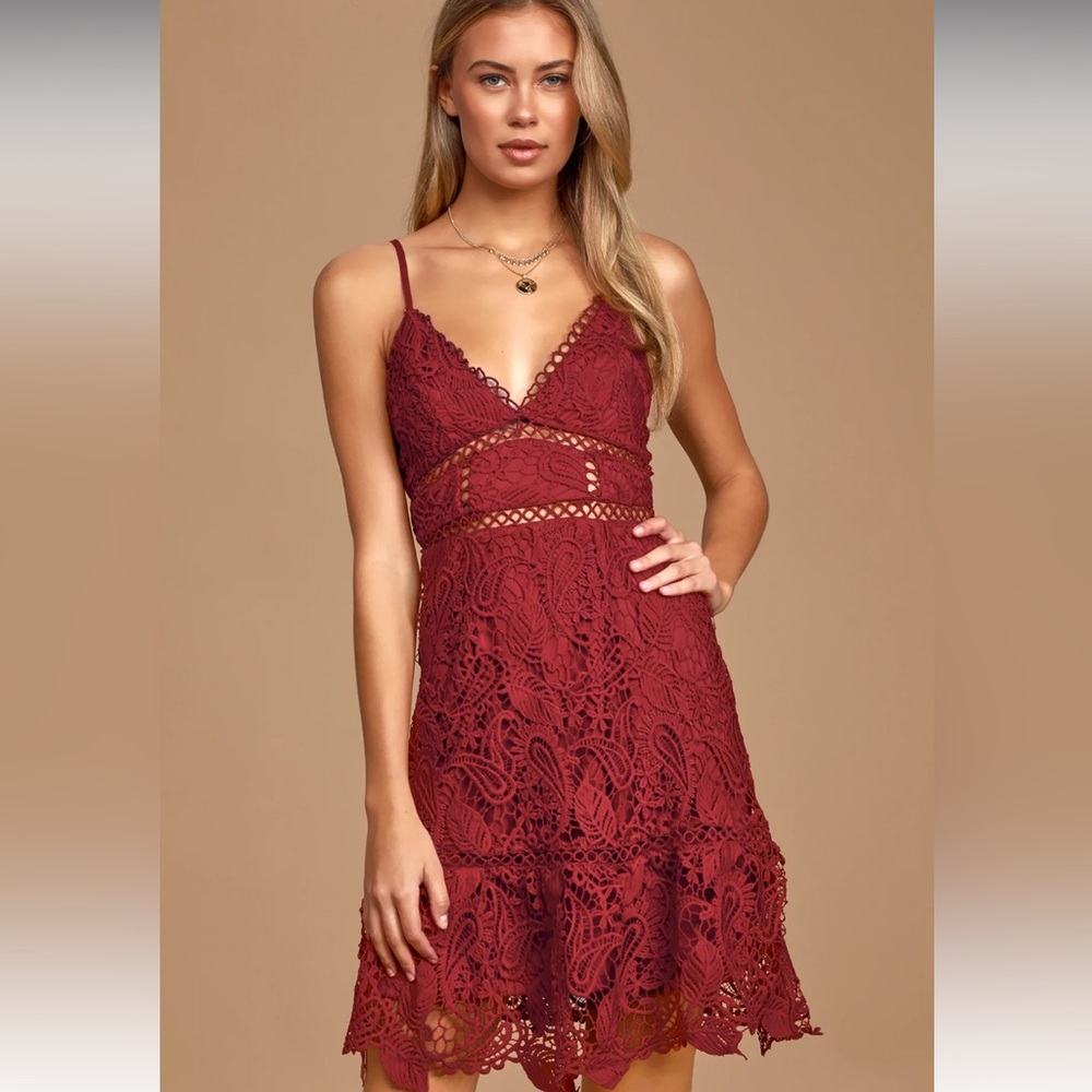 Lulu's Dearly Beloved Burgundy Crochet Lace Dress